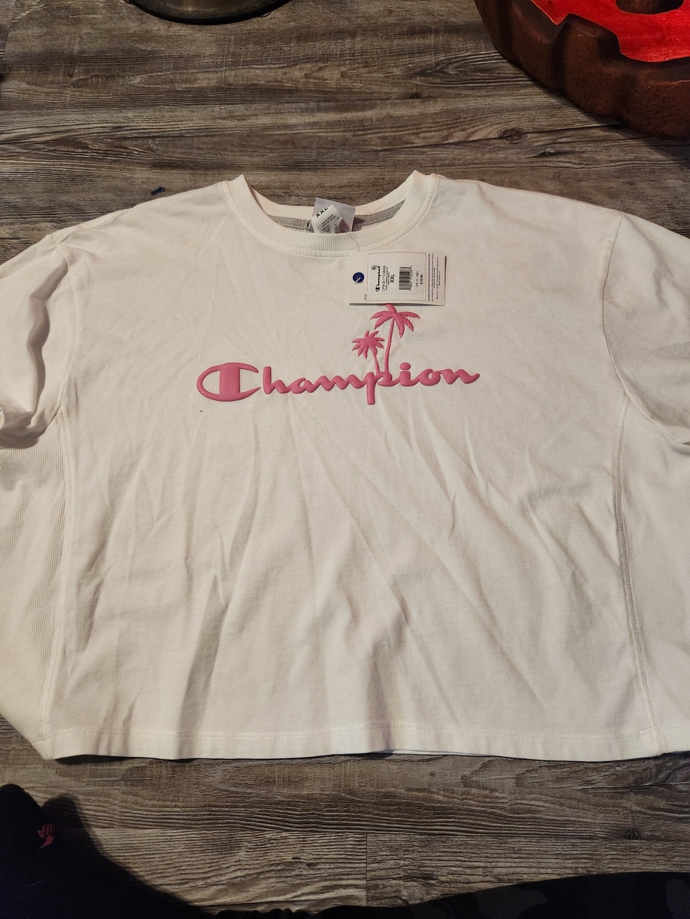 Champion White Tee with Pink Logo and Palm